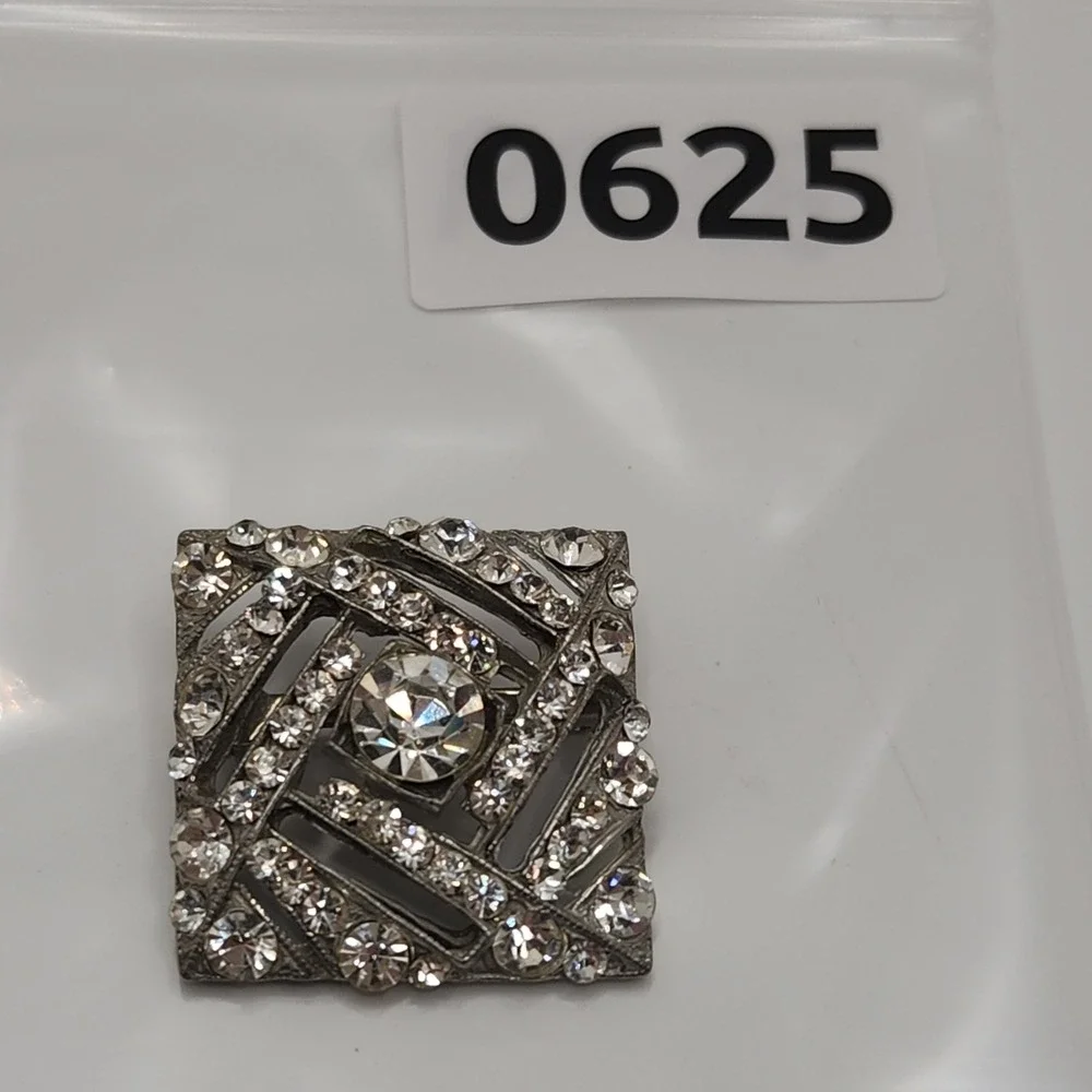 Vintage Art Deco Rhinestone Square Brooch Geometric Silver Tone Pot Metal Pin